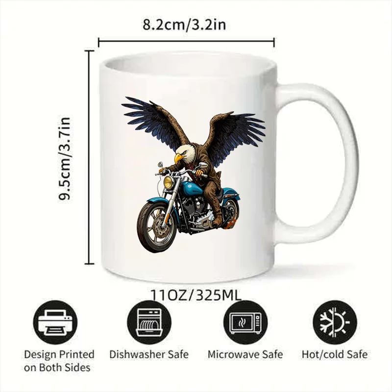 Eagle Riding Motorcycle Colorful Print Ceramic Coffee Mug 11oz 350ml Personalized Custom Cute Aesthetic Mug Microwave Safe Birth