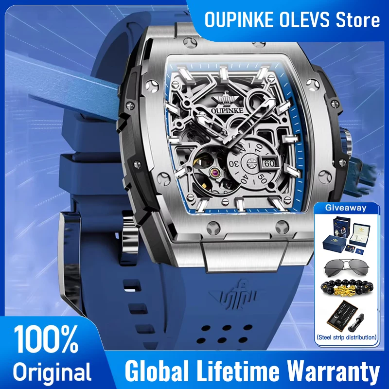 OUPINKE 3213 Mens Watch Skeleton Automatic Mechanical Watch 50M Waterproof Silicone Strap Sports Watch Sapphire Lens Gift Box