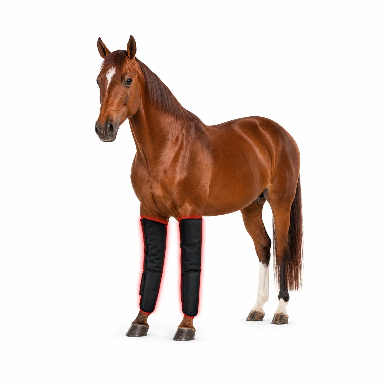 Durable red-light therapy boots for the front legs of horses, designed specifically for equine care product distributors.