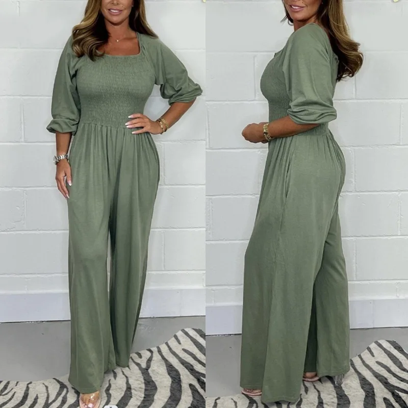 

Fashion Solid Color Women Jumpsuit Spring Autumn Elegant Square Neck Half Sleeved Elastic Waist Wide Leg Rompers Casual Lady New