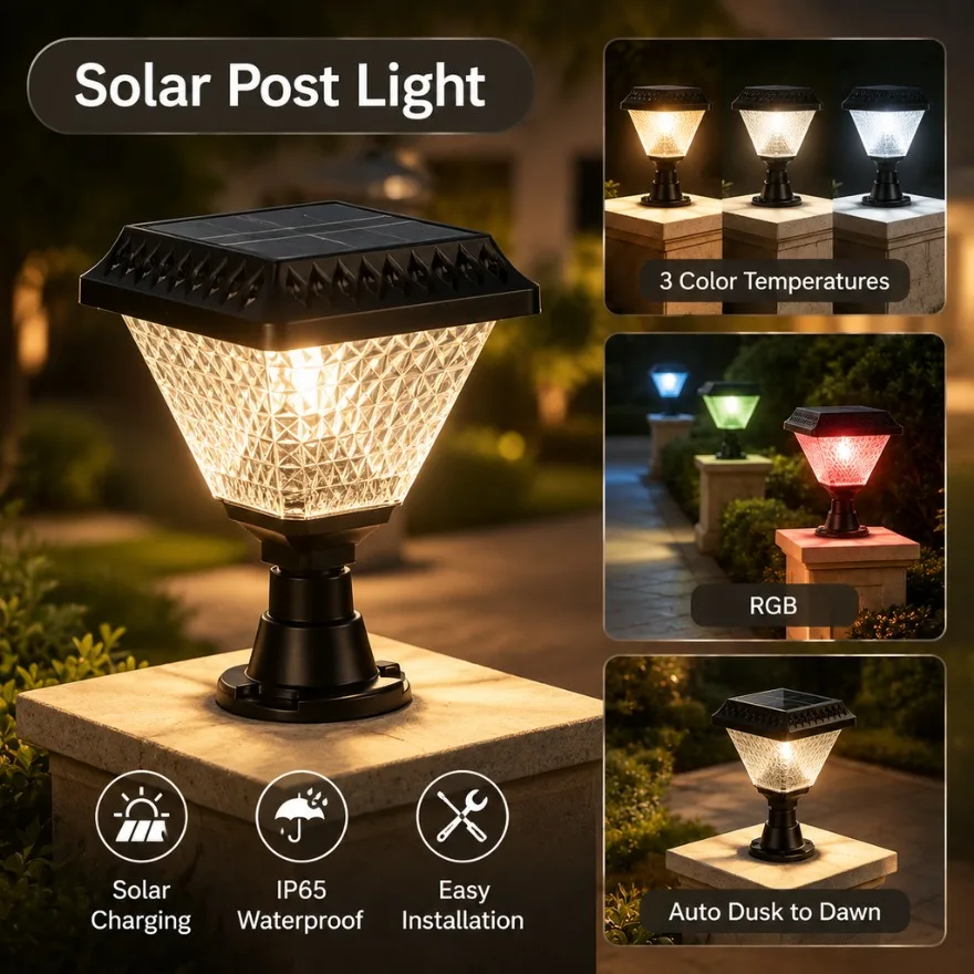 Outdoor Solar Post Light LED Wall Lamp IP65 Waterproof RGB 3 Color Automatic Dusk To Dawn Villa Patio Garden Fence Pillar Light