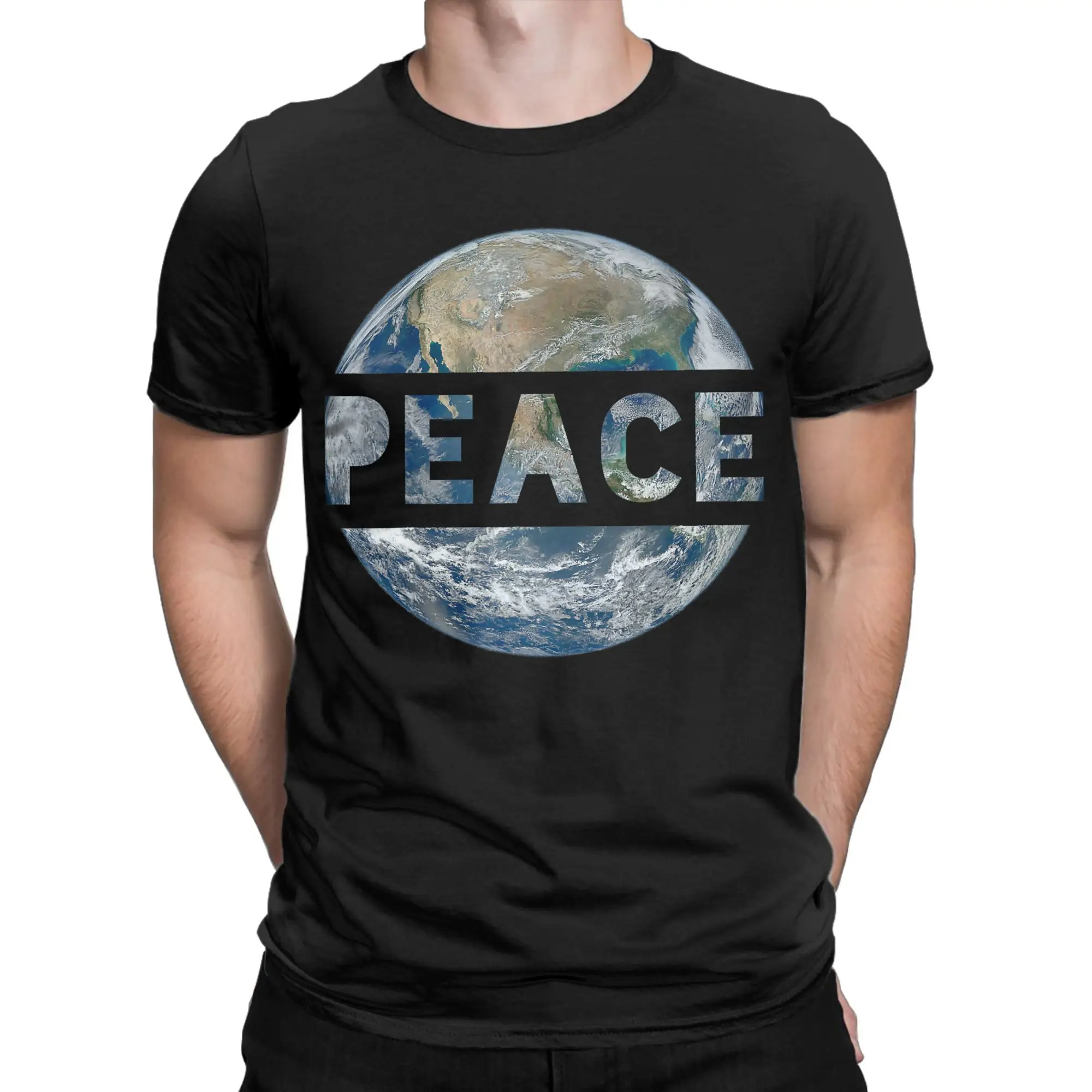 Novelty Earth Love Power Peace World T-Shirt Men Crewneck Cotton T Shirts  Short Sleeve Tee Shirt Adult Clothing