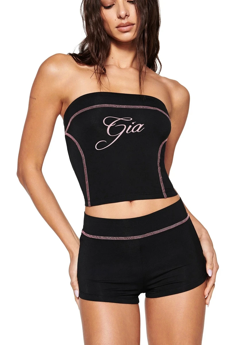 

STYLISH LADY Letter Printed Sports 2 Piece Set Women Strapless Crop Top and Shorts Suits 2025 Summer Sexy Club Fitness Outfits