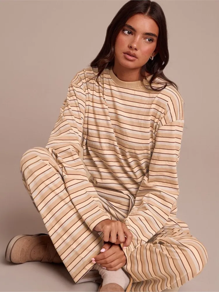 

Woman 2 Piece Set Outfit Round Neck Striped Loose Trousers Suit Contrast Comfortable Leace-up Stripe Loose Simple Style Pajamas