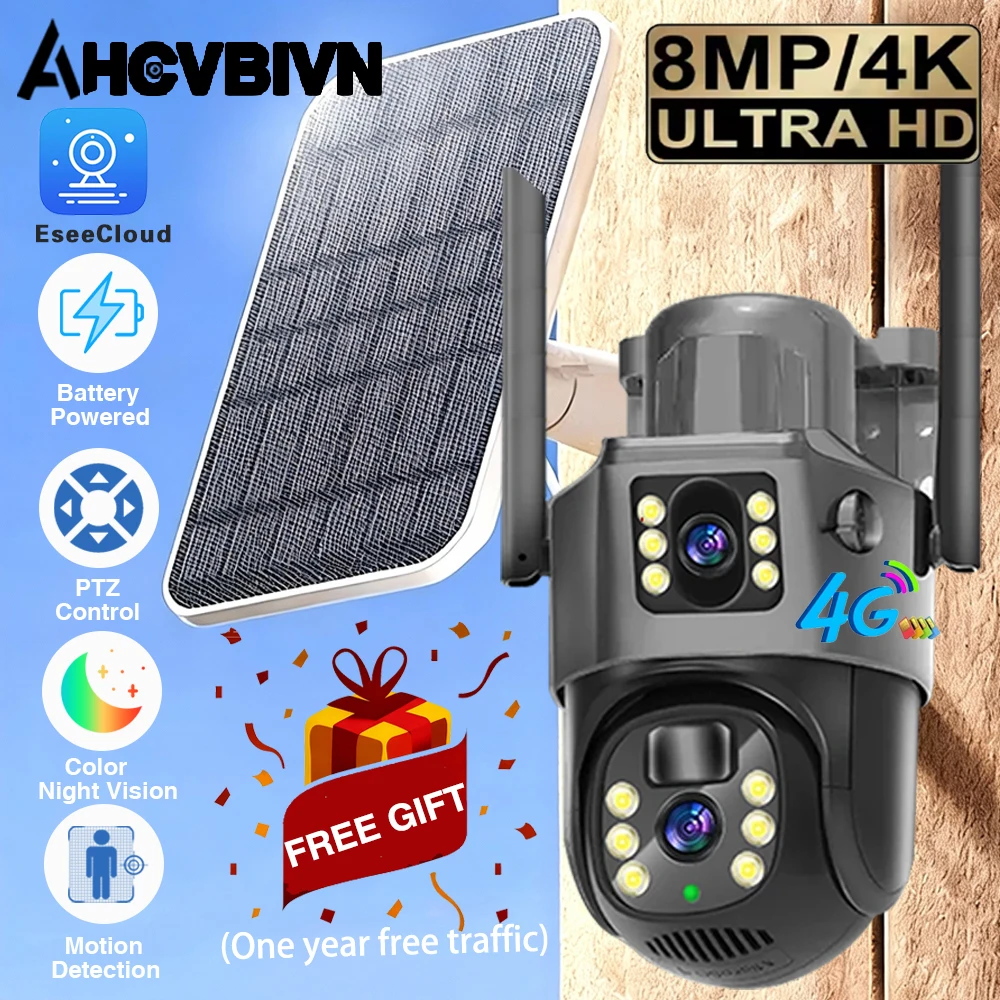 

Solar Camera With 4G SIM Card Lifetime Dual Lens Outdoor Motion Detection Security Surveillance 4K 8MP Low Power Video Monitor