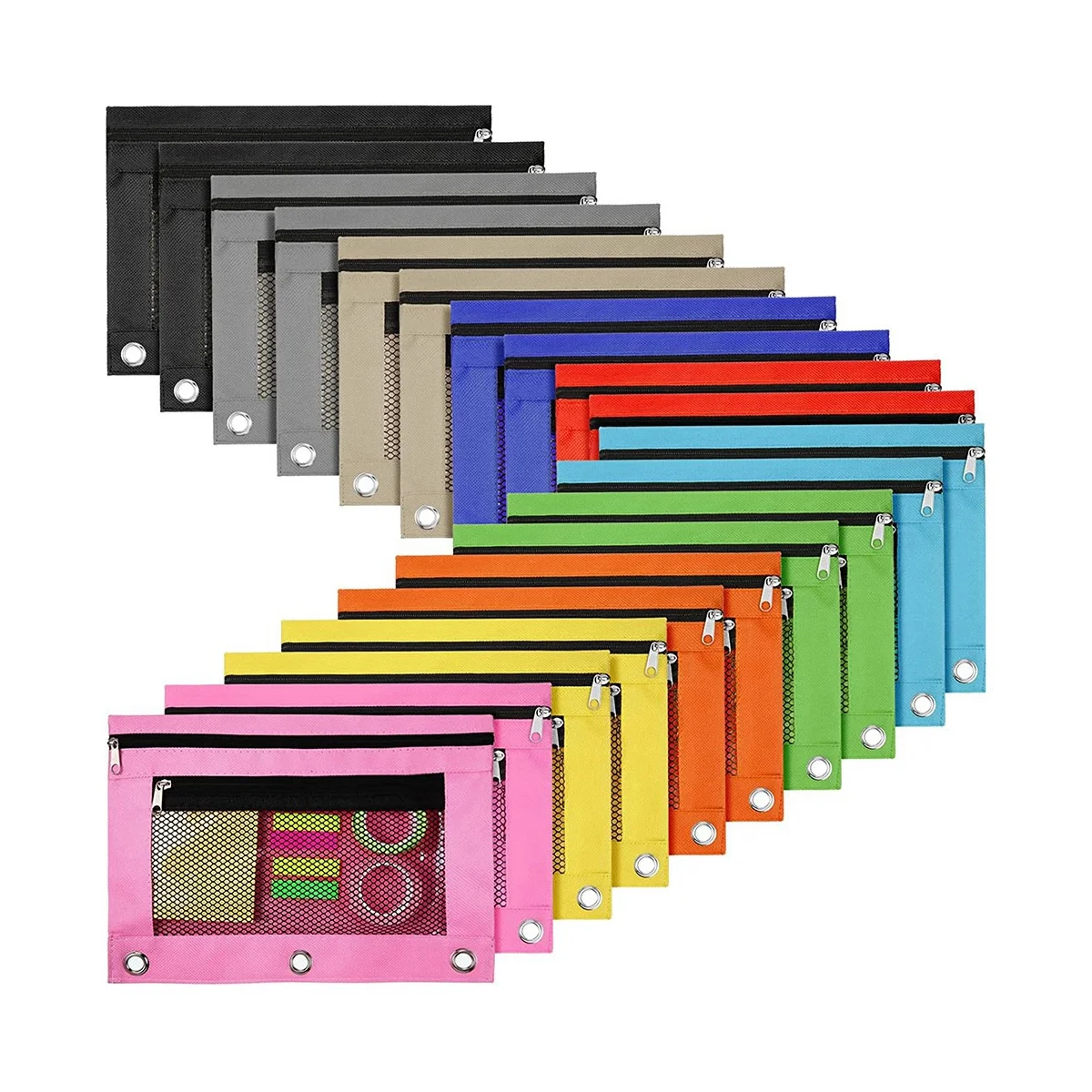 20Pcs Pencil Pouches for 3 Ring Binder Zipper Pencil Pouch Case Bag with 2 Pocket Mesh Window Binder Pouch