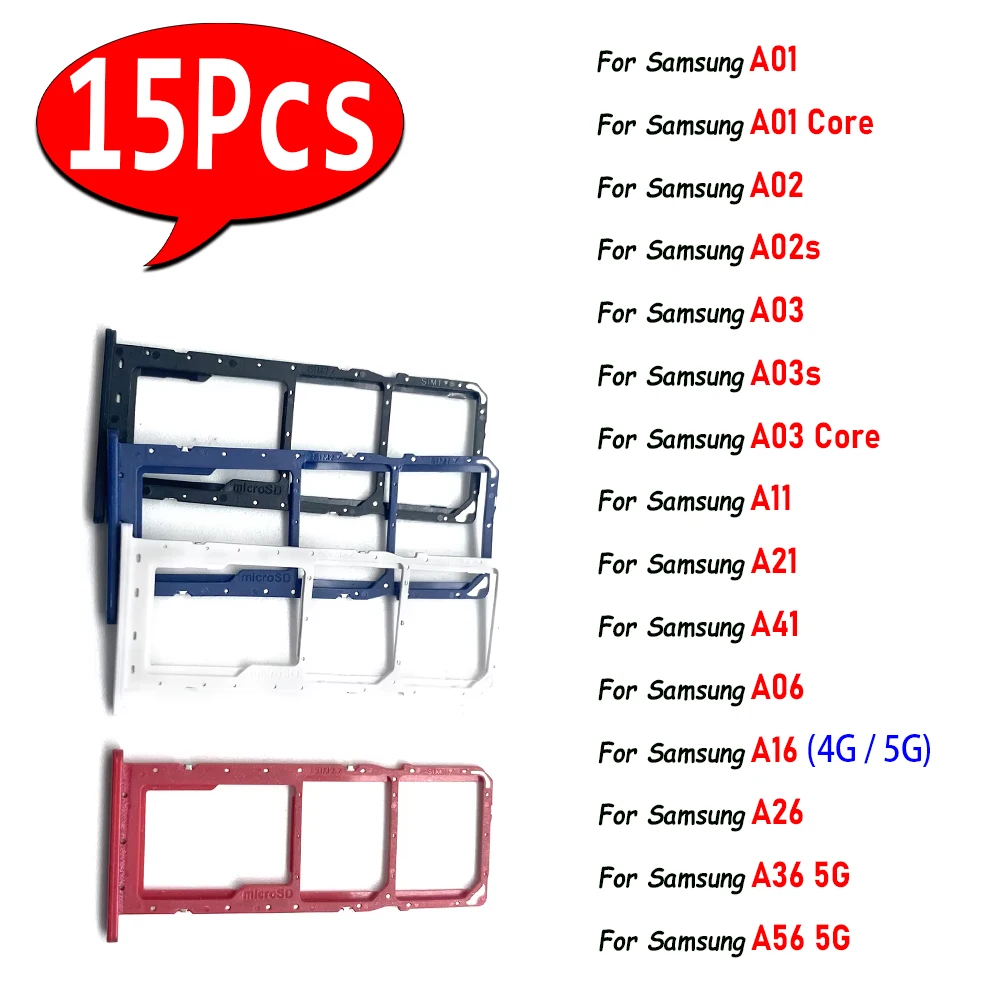 15 Uds., ranura para Chip de tarjeta SIM, cajón, bandeja para tarjetas, adaptador, pieza de reparación para Samsung A01 Core A02 A11 A20E A02S A03 A03S A21 A41