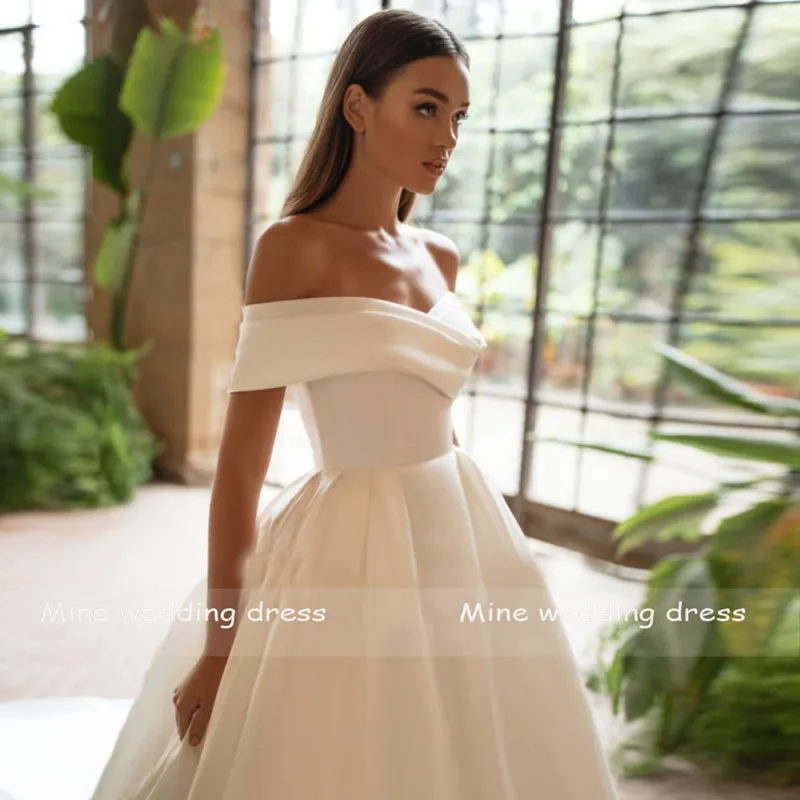 Customized Simple Off Shoulder A-Line Satin Wedding Gowns Back Zipper And Buttons Bridal Gowns