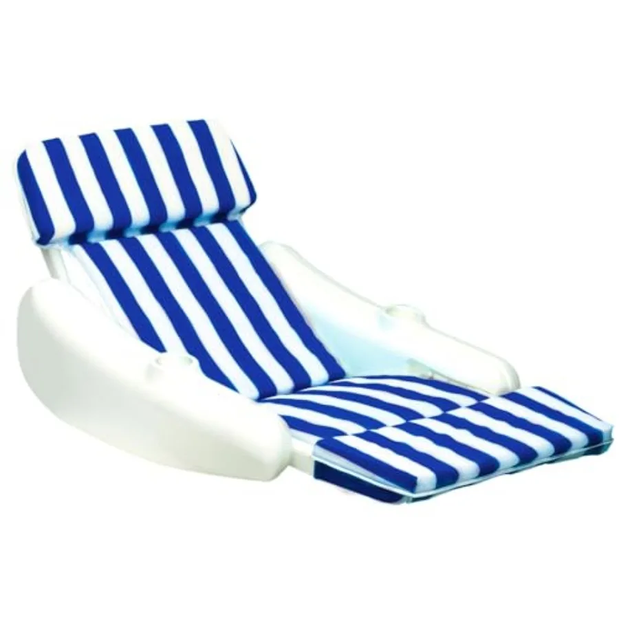 Pool lounge chair for adults: molded frame pontoon design, padded luxury sunchaser float in blue, UV-resistant vinyl material,