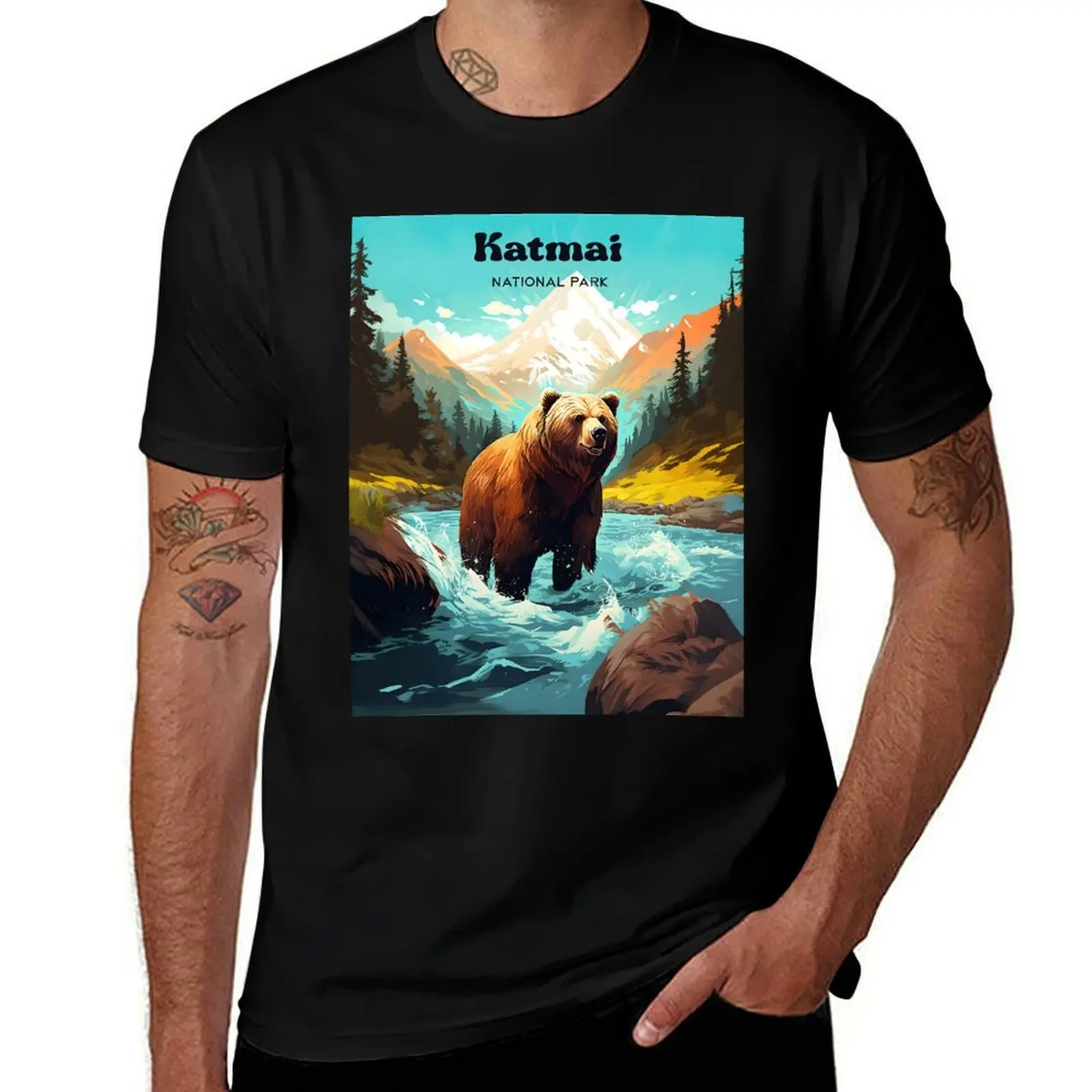 

Katmai National Park Alaska Wildlife Modern Travel Illustration T-Shirt gifts for boyfriend Aesthetic clothing men workout shirt