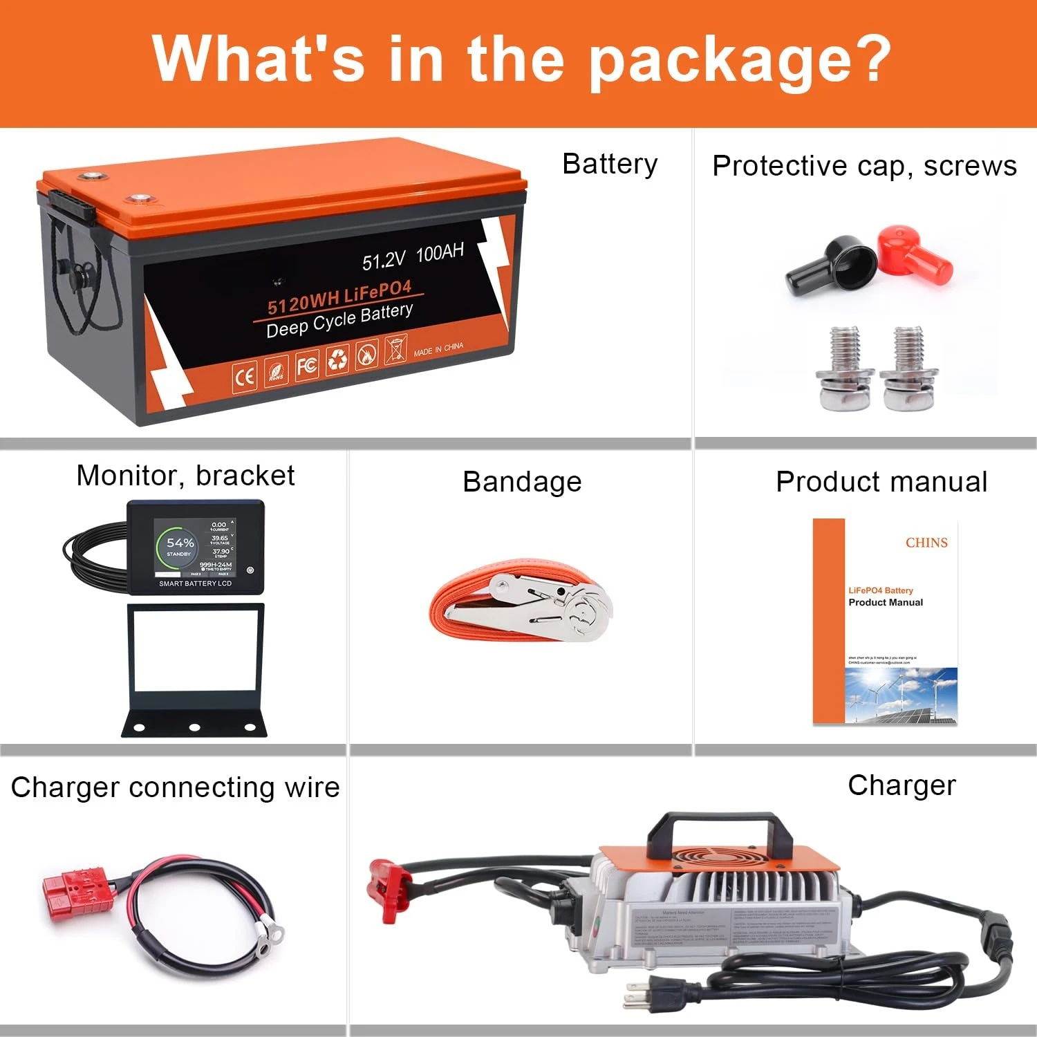 48 Volt Lithium Battery for Golf Cart with 18A Charger, 48V Lithium Battery with 200A BMS, LCD & Mobile Monitor,, Customized