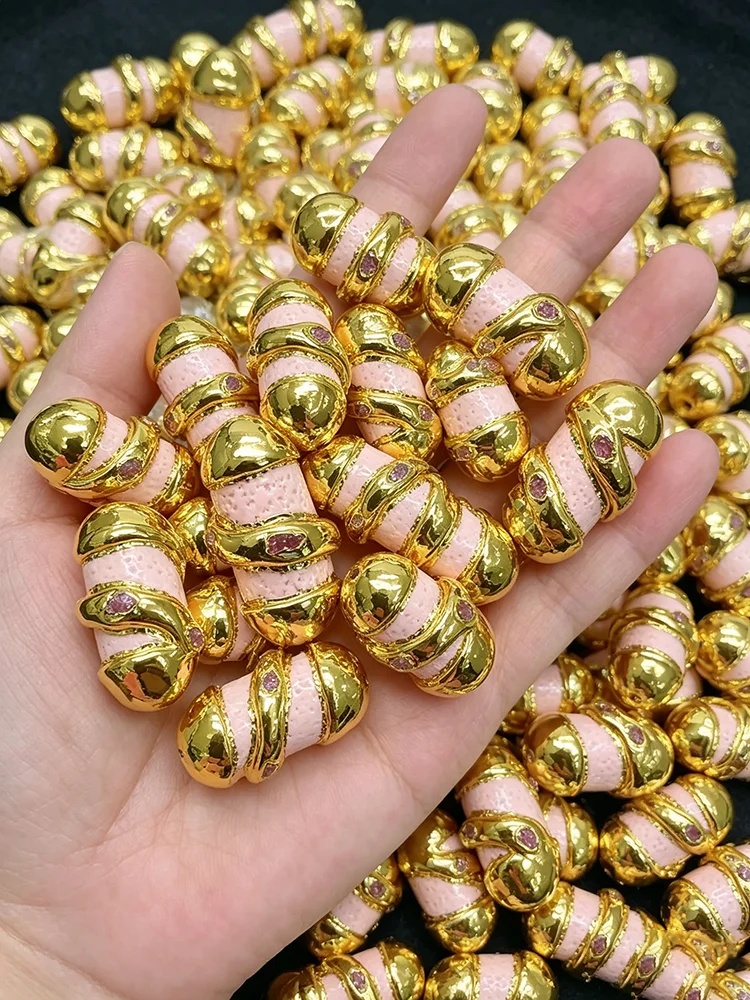 5Pcs 18x32mm Gold Plated Pink Sponge Coral Beads Set with Inlaid Red Tourmaline, DIY Bracelet Necklace Connector