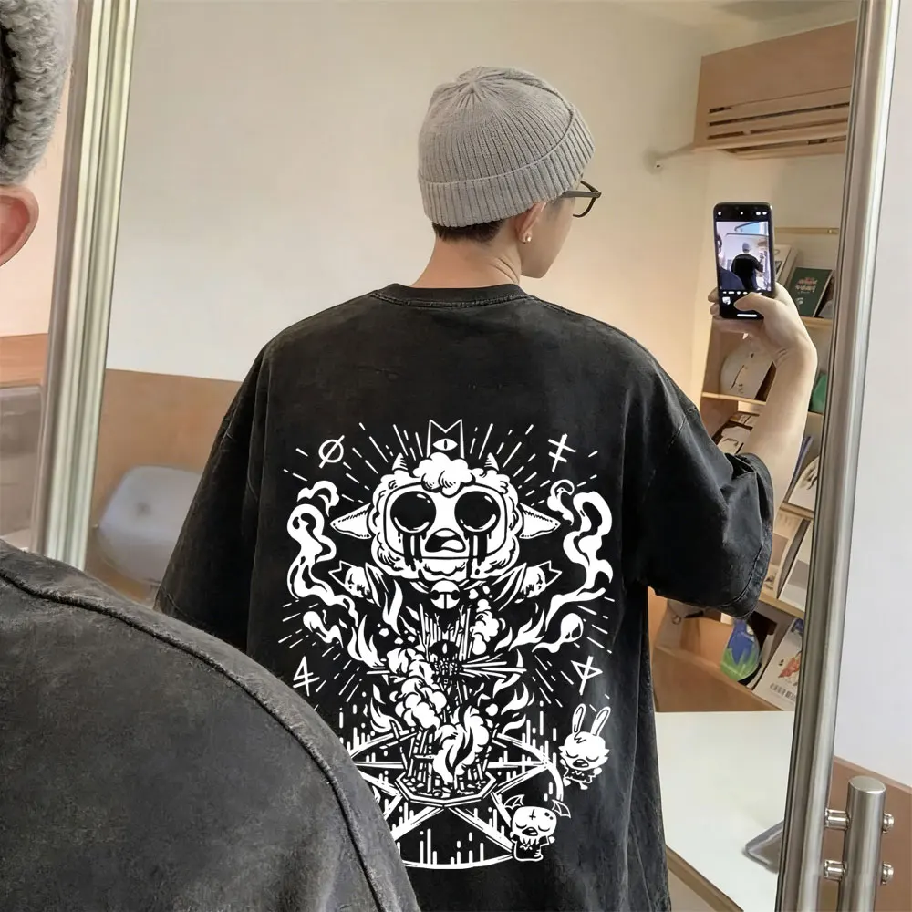 

Washed Vintage Game Cult of The Lamb Print T-shirt Men Women Fashion Casual Cotton T-shirts Men's Oversized Short Sleeve T Shirt
