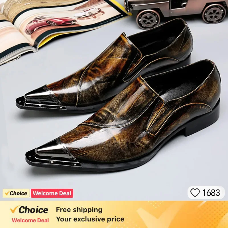 Spring/Autumn Men\'s Genuine Leather Pointed Toe Slip-On Brown Business Office Wedding For Men Flats Shoes