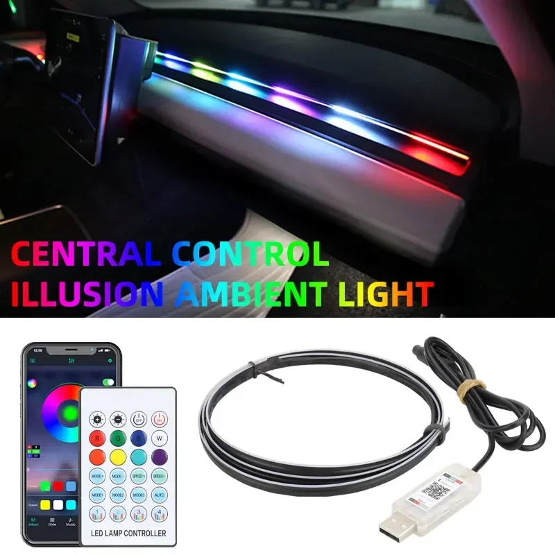 1/2/5/6 in 1 Car Interior Ambient Decorative RGB Rainbow LED Streamer Strip Universal Atmosphere Light USB APP Control Remote