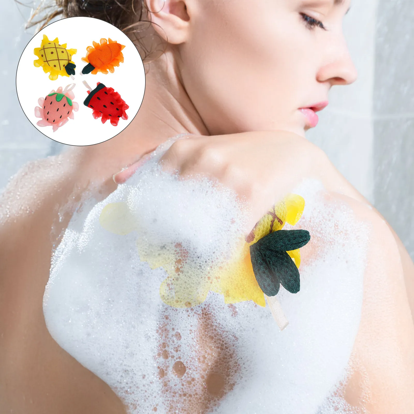 4pcs Fruit Shower Balls Large Cartoon Bath Loofah Soft Body Scrubber Cleaning Tools Whole Body Bath Puff Reusable