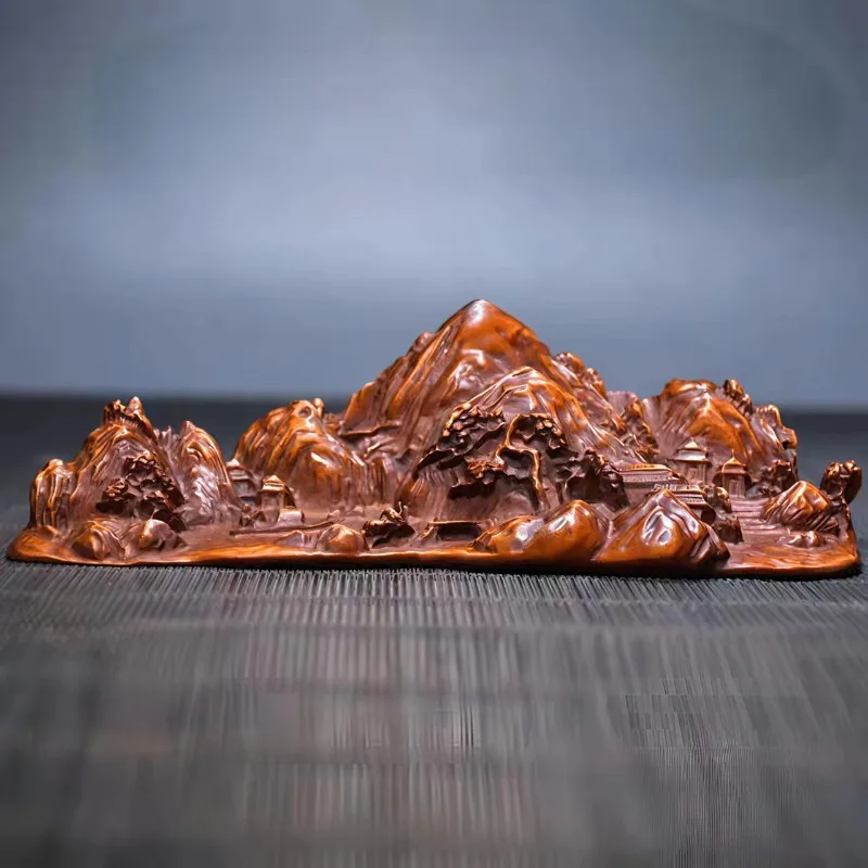 

Hand-Carved Boxwood Mountain Landscape Sculpture - Desk Pen Rest, Brush Holder, Home Decor Gift