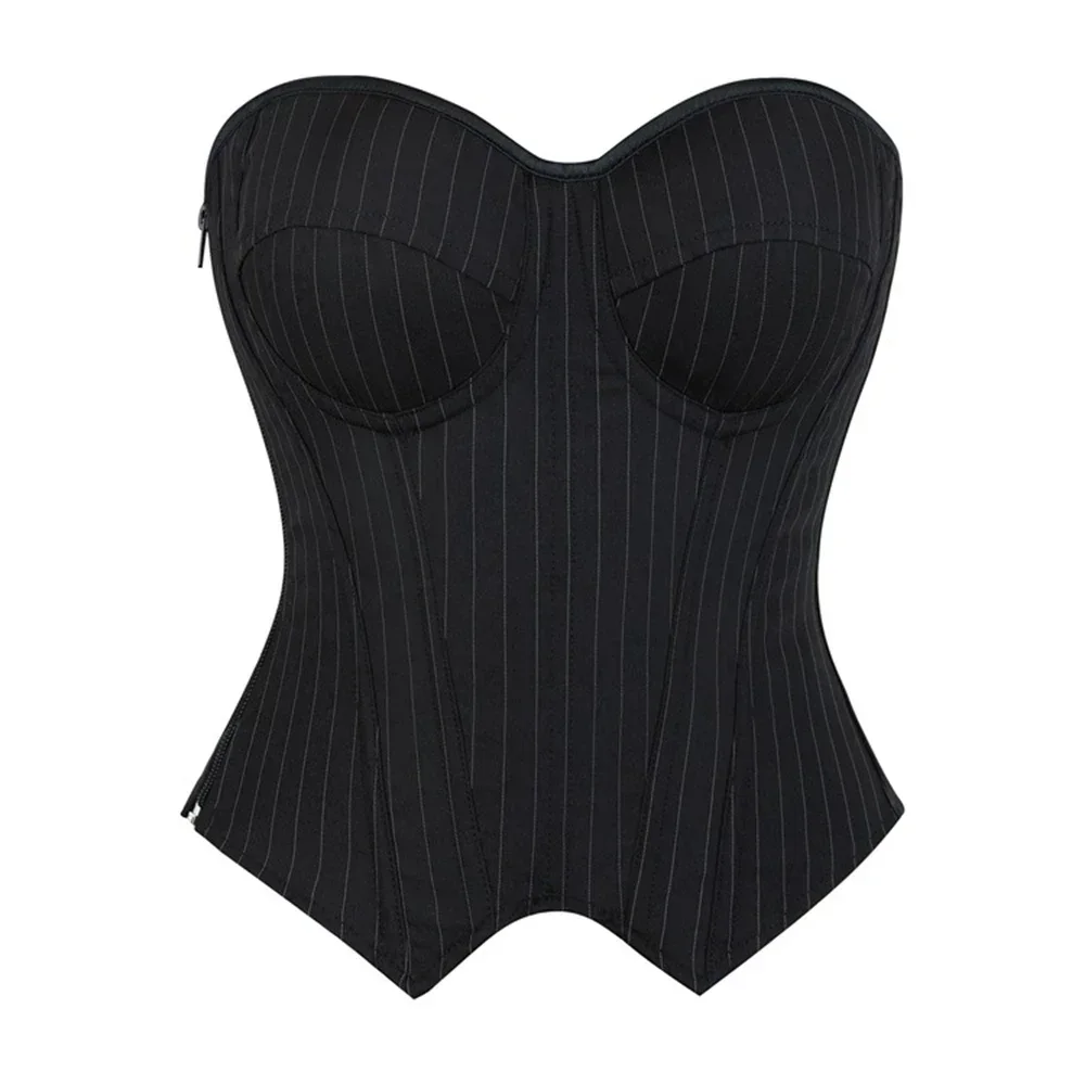 Women Sexy Strapless Corset Fashion Push up Bra Black Striped Overbust Bodices Lady Corselet Lace-Up Zip Bustier Clubwear