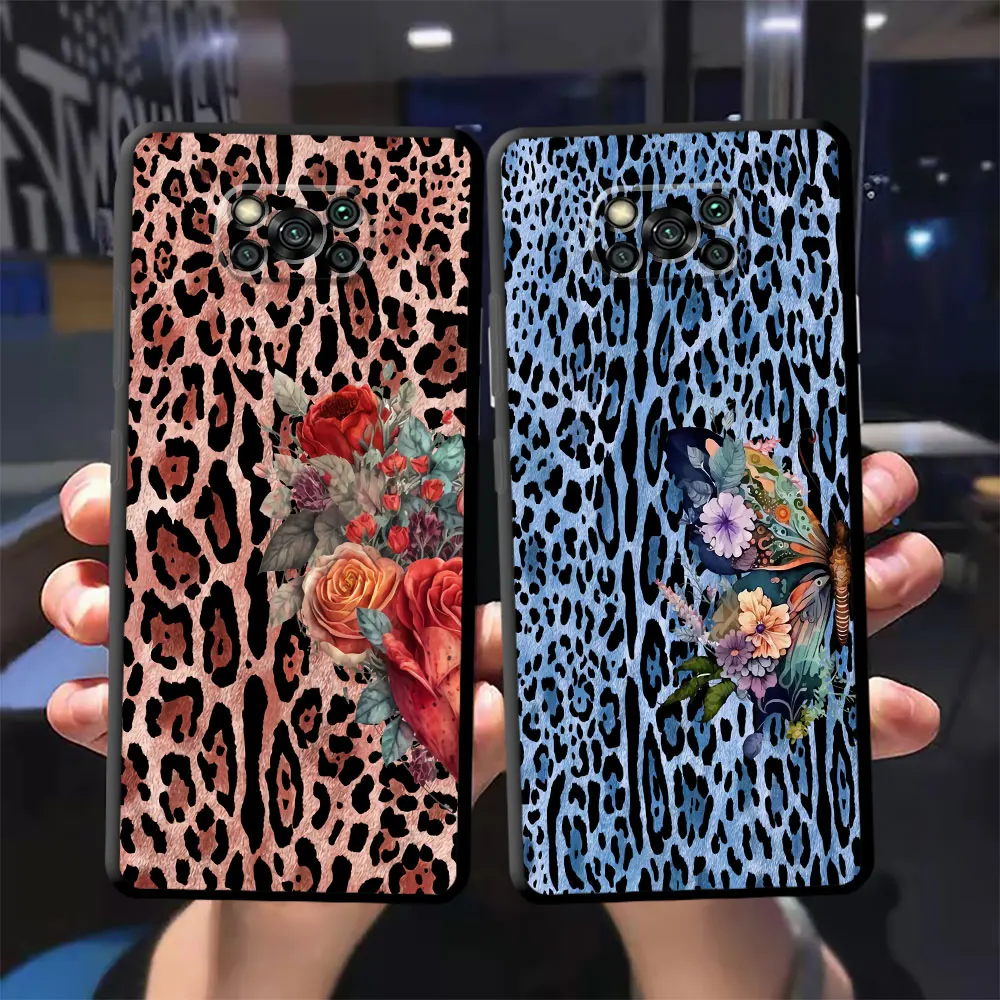 Leopard Flower Phone Case for Poco M5 X4 GT M3 F1 X3 NFC C40 M4 Pro 5G X4 Pro 5G F5 C50 C51 C61 Black Soft Cover