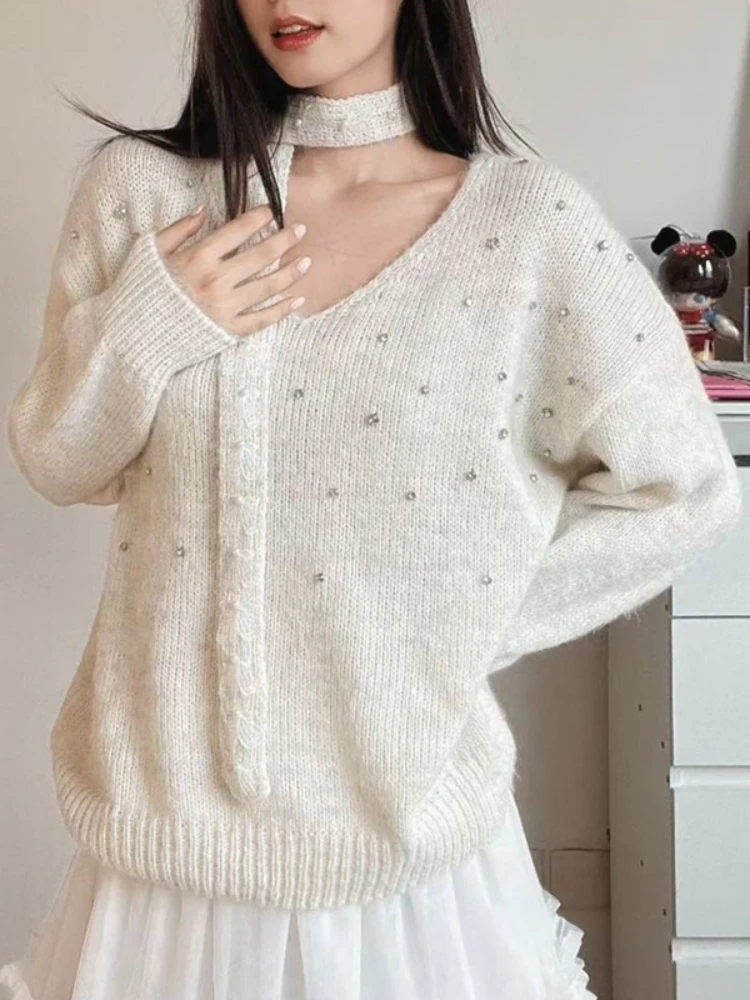 

Хикигава шикарные модные женские корейские стильные нежные свитера с v-образным вырезом и бисером, осенние повседневные свободные универсальные вязаные пуловеры Mujer
