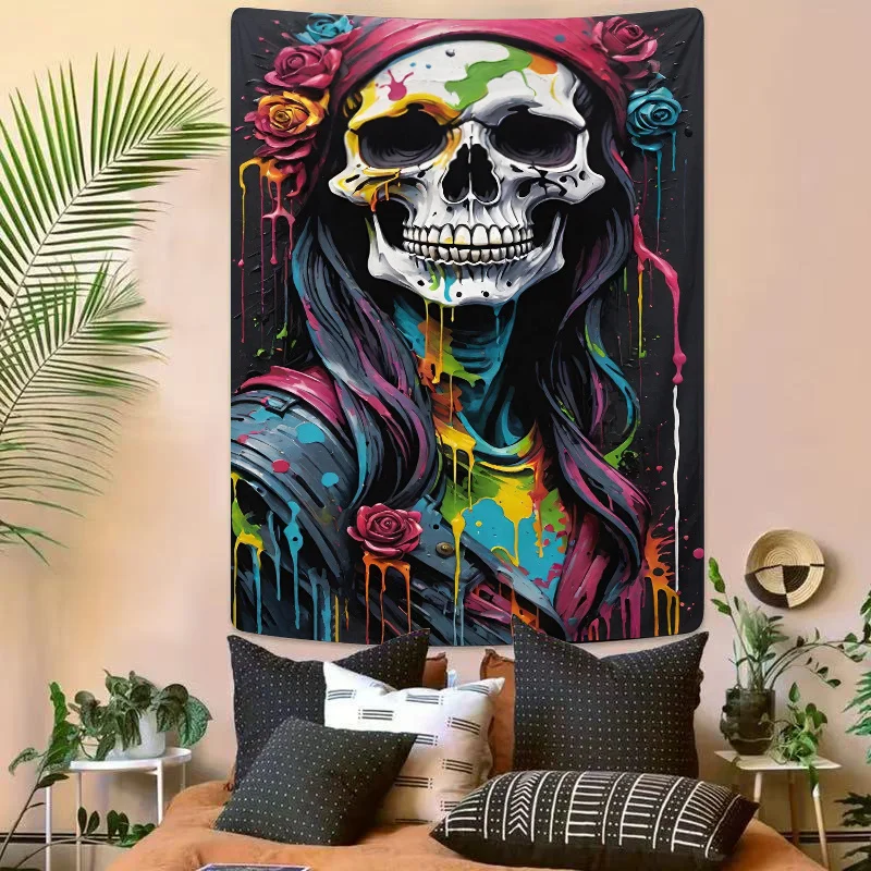 Colored ink skeleton and rose Digital printing polyester wall tapestry suitable for use living rooms bedrooms offices bars party