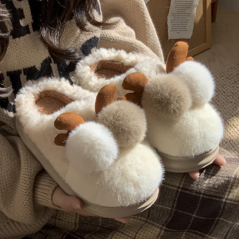 

Winter Warm Home Fur Slippers Women Indoor Double Ball Furry Footwear Flat Heels Fluffy Thickened Cute Outer Wear Non-slip