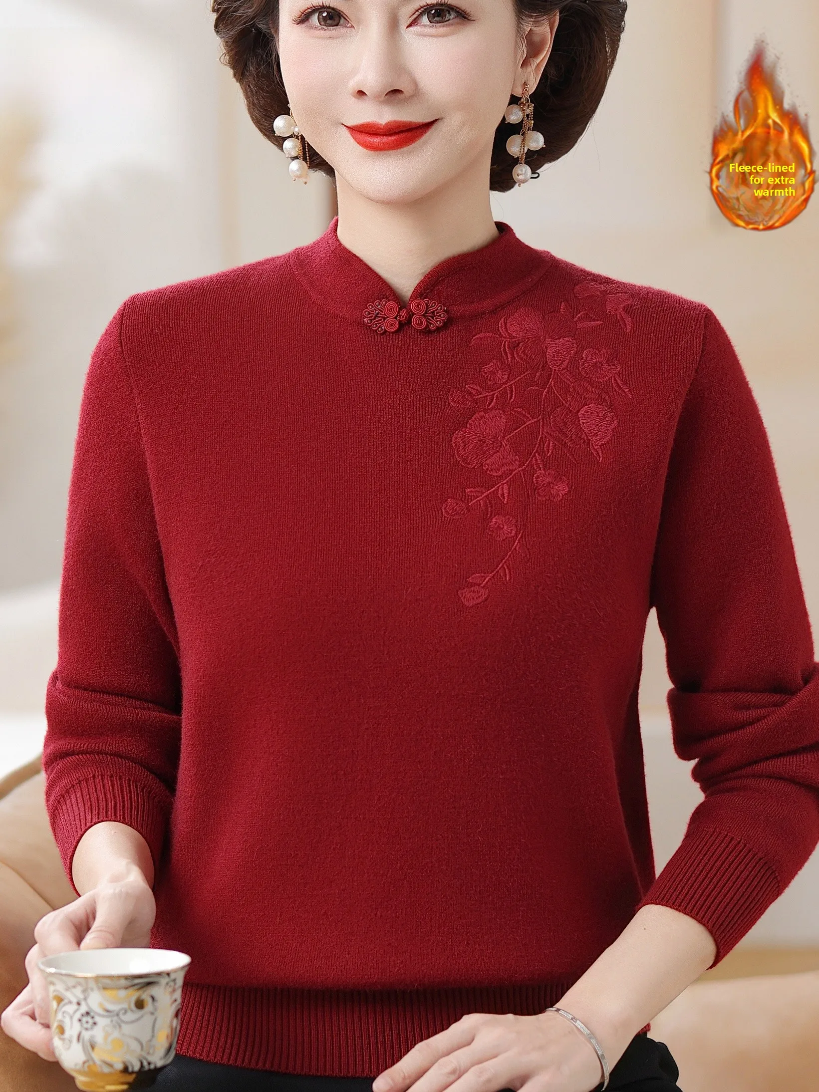 

New Autumn Winter Chinese Sle Embroidered Fce Lined Stand Collar Sweater for Middle Aged Women Warm Boting Mom Clothes