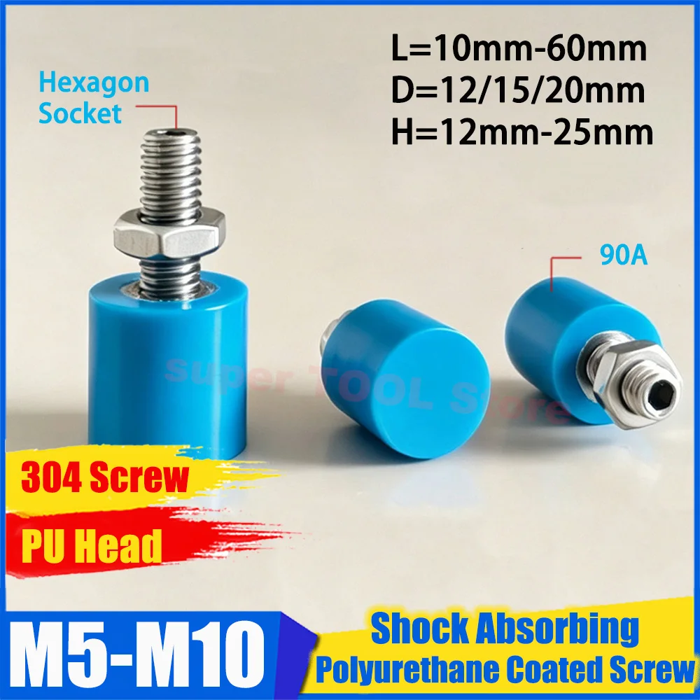1Pc Hex Socket 304 Stainless Steel Positioning Stop Bolt Polyurethane 90A Anti-Collision Wear Resistant Buffer Screw M5M6 M8 M10