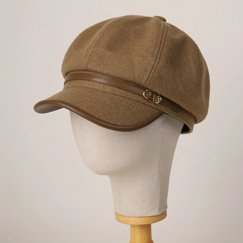 Octagonal Hat Women Newsboy Cap Leather Band Autumn Warm Accessory For Winter Windproof Outdoor Casual