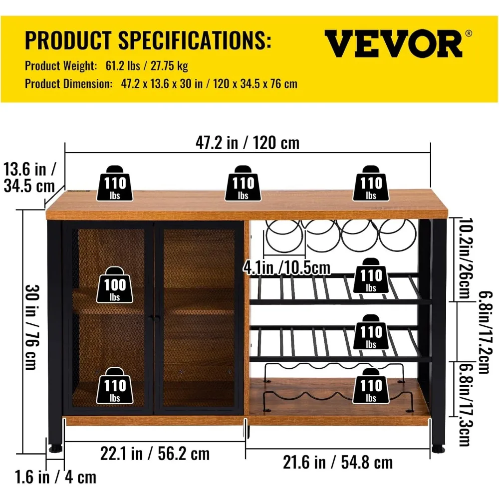 Armário de bar industrial, mesa de vinho para licor com suporte de vidro, rack de vinho e aparador de metal, barra de café de madeira de fazenda para L