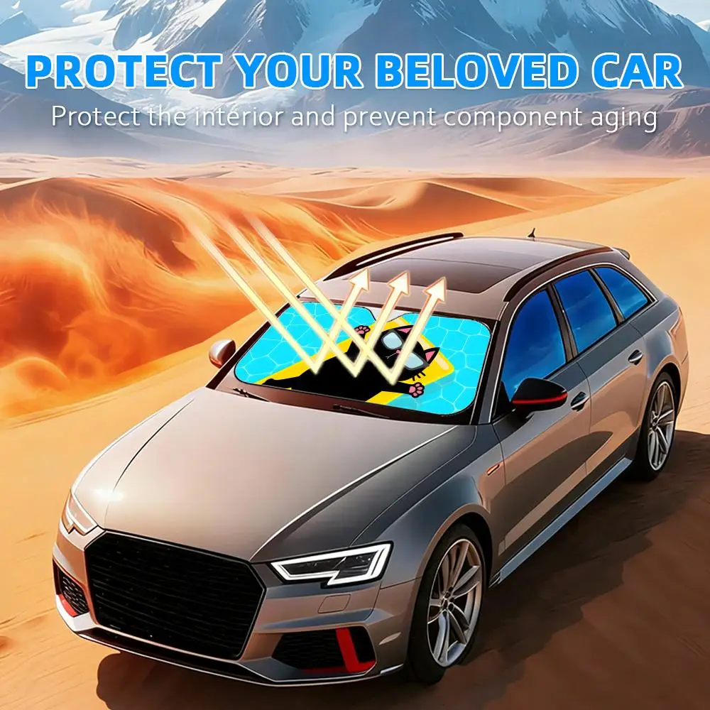 Black Cat Floating Sun Visor Reusable Aluminum Foil Windshield UV Protection Heat Insulation Cover Foldable Sun Visor Shade