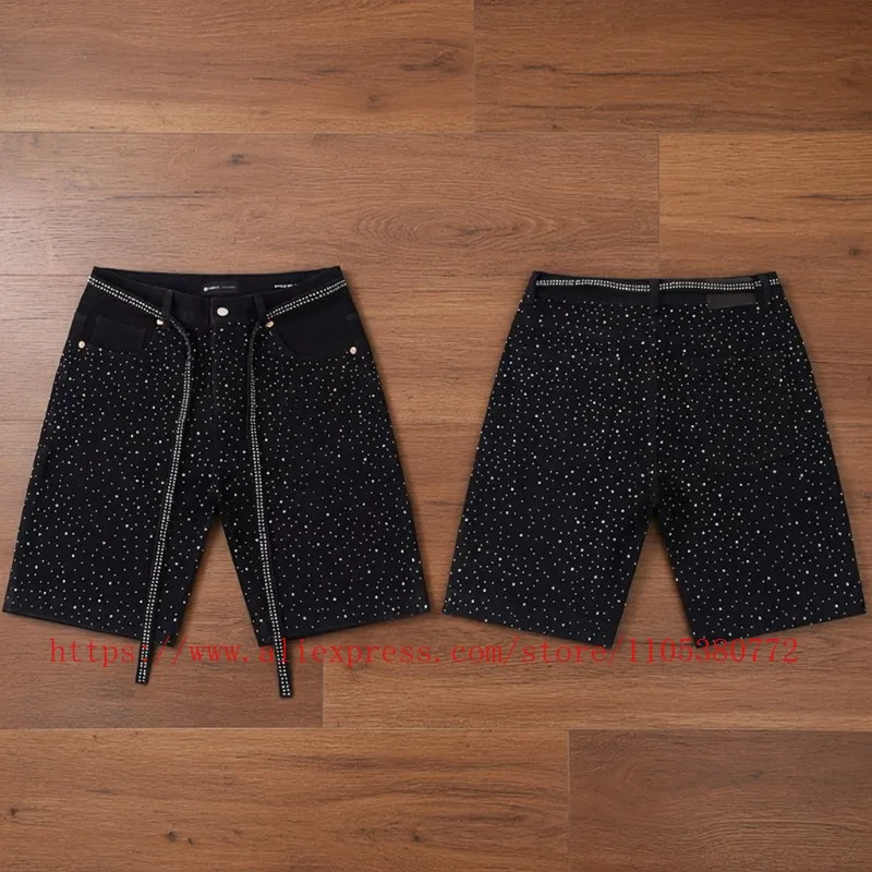 American Fashion Rhinestone-decorated Denim Shorts for Men Y2K Washed Blue Loose Denim Shorts Street Style Summer Casual Shorts