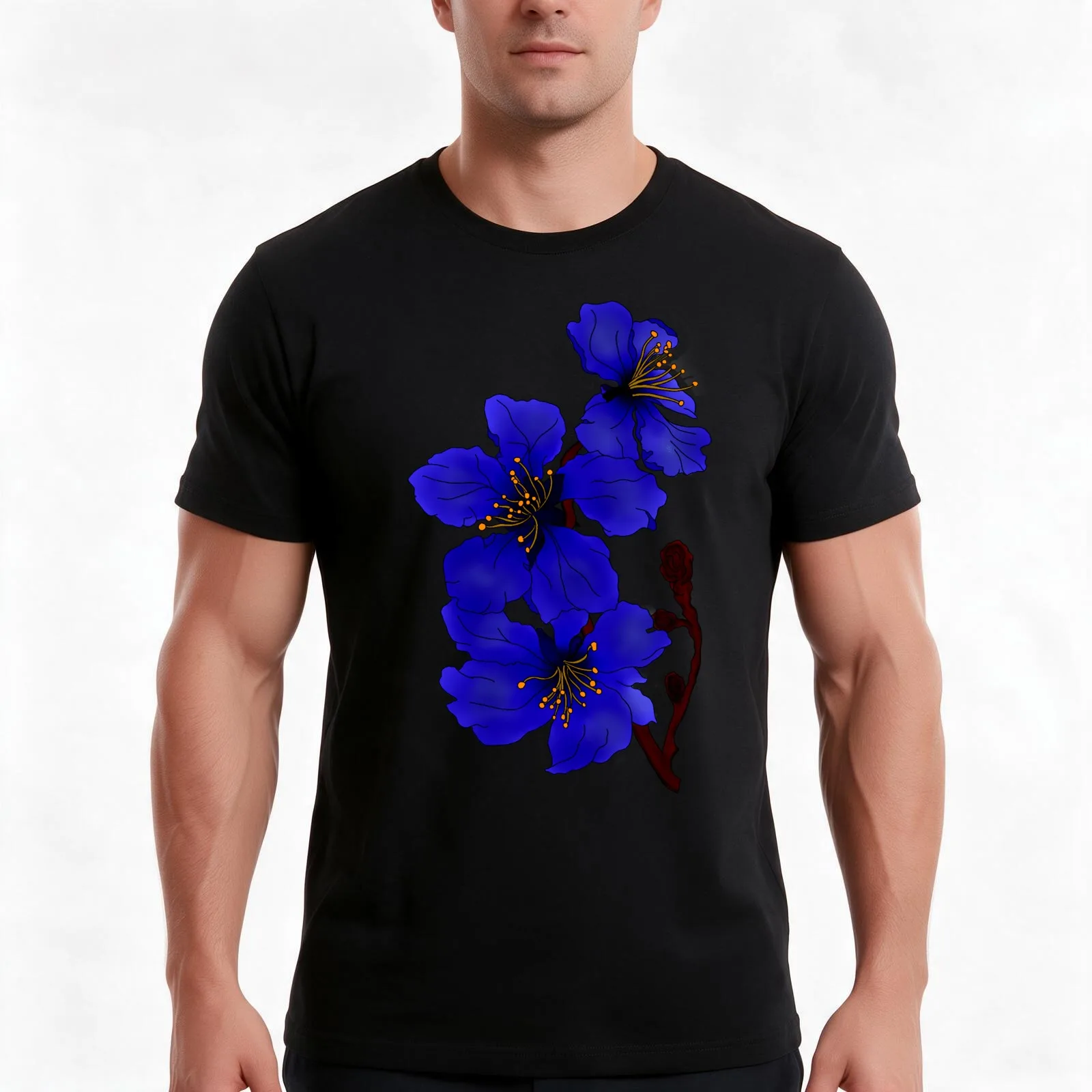 Electric Blue Magnolia T-Shirt, Summer Casual Cotton Tee, Oversized Streetwear Tops, Vintage Graphic Print, Unisex Men Women