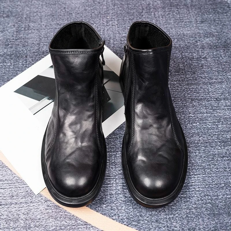 Men Genuine Leather Chelsea Boots Breathable Mid Top Zip Casual Shoes Fashion Trend Ankle Boots for Men
