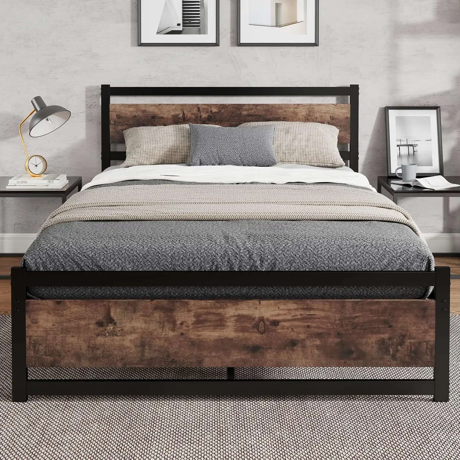 

Bed Frame with Wooden Headboard, Heavy Duty Platform Metal, No Box Spring Needed, Strong Metal Slats Support, Noise-Free