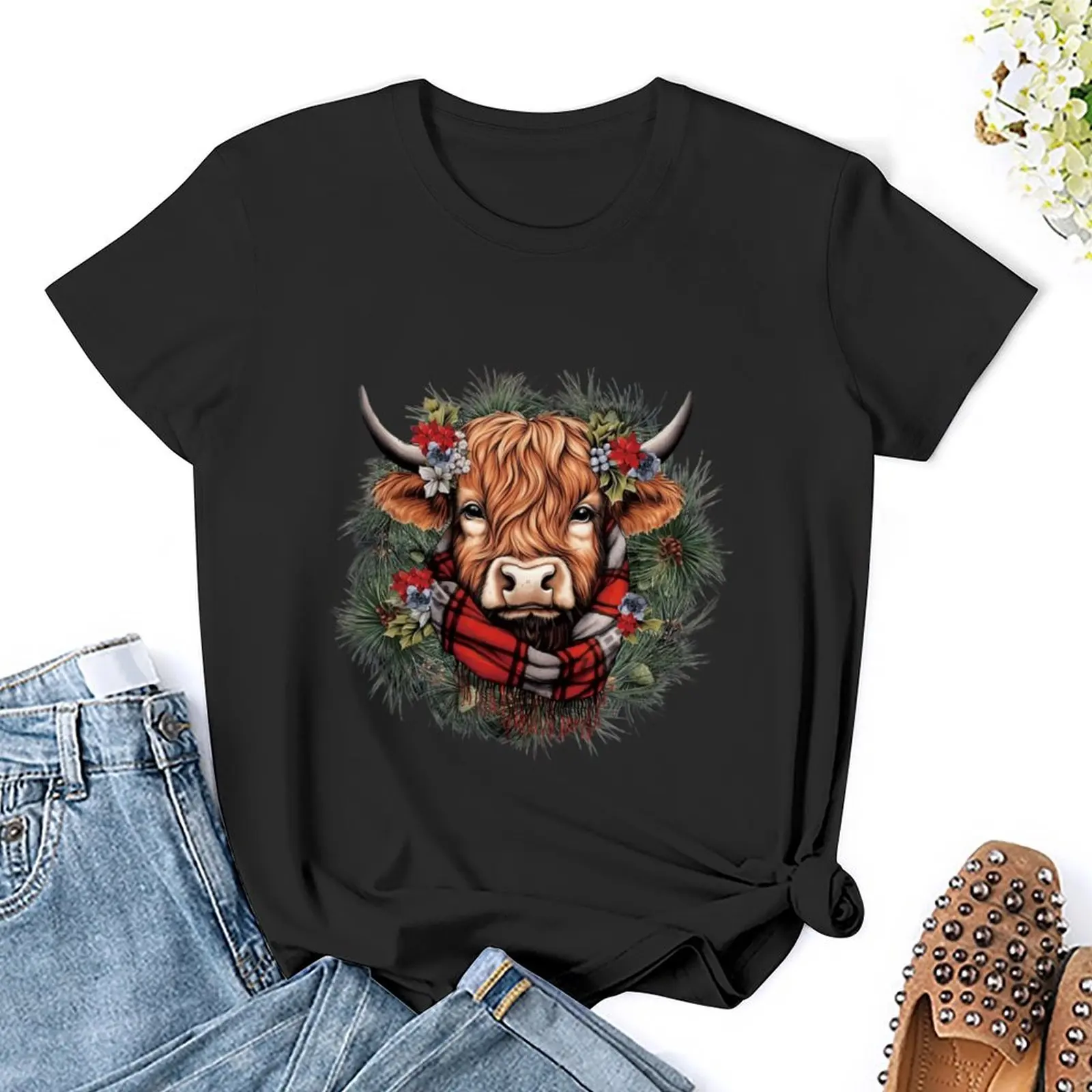 Highland Cow Wearing Buffalo Red Plaid Scarf Lovely Cow Farm Animal Lover Graphic Shirt Casual Short Sleeved Female Tee T-Shirt