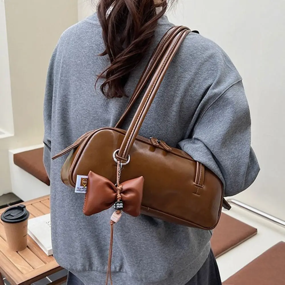 

Trendy French Style Pu Bowling Bag Large Capacity PU Leather Boston Shoulder Bag Elegant Casual Women Handbags Girls