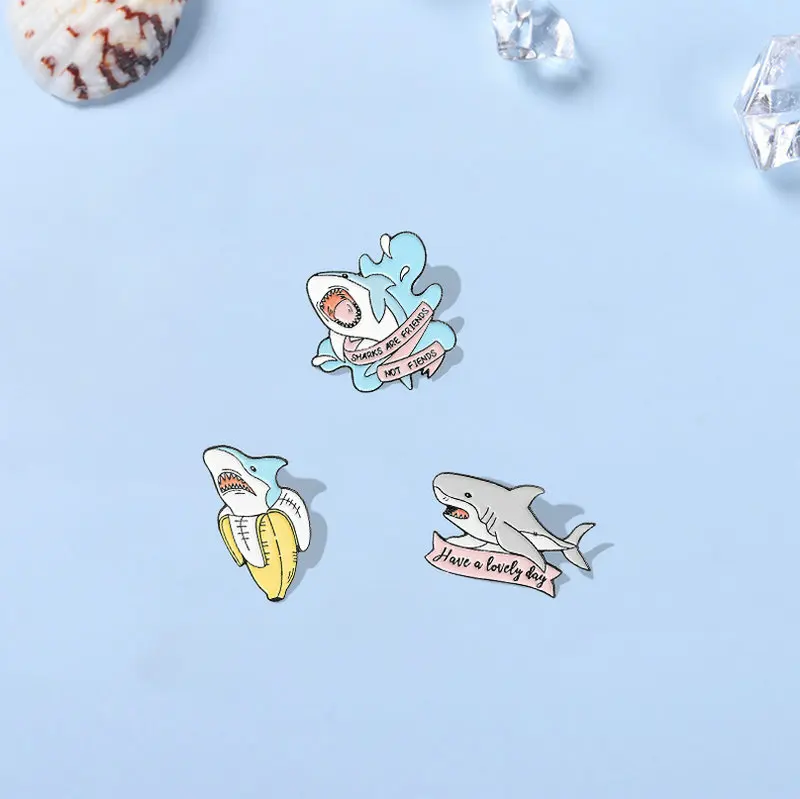 Shark are Friends Enamel Pin Custom Shark Week Banana Surfing Brooches Bag Lapel Pin Fun Animal Badge Cute Jewelry Gift for Kids