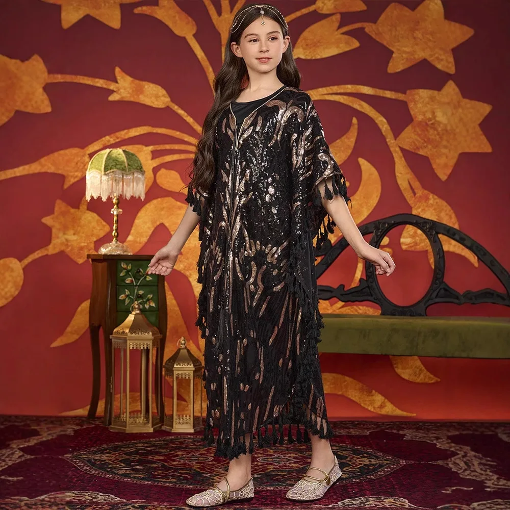 

Мусульманское детское платье с кисточками и блестками для девочек, внутреннее платье Абая, халат Рамадана Ид Джеллаба, исламская детская одежда, арабская Турция, повседневная одежда