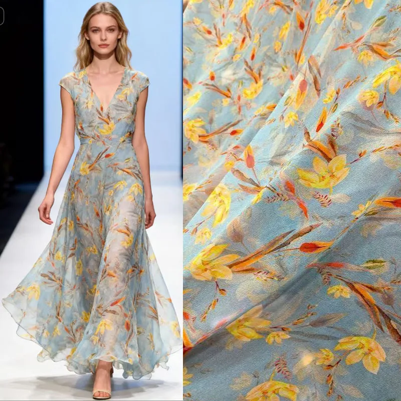 

Luxury Yellow Floral Print Real 100% Mulberry Silk Craft Fabric for Sewing Dress Shirt 10mm Cloth 1.4m Wide Georgette japanese