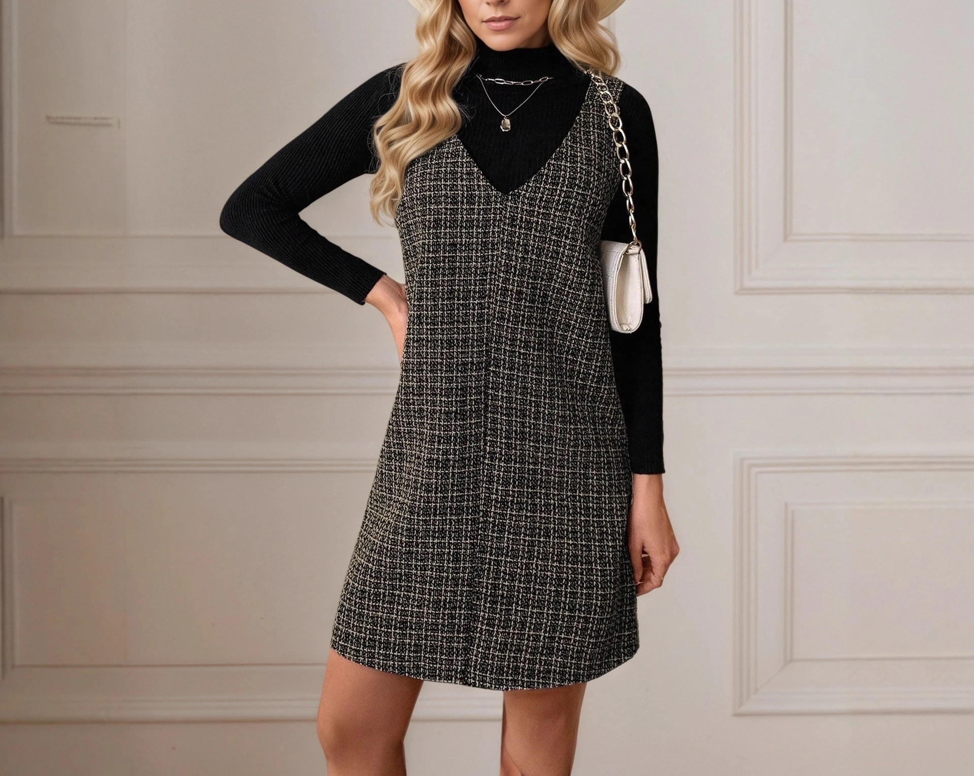 

European and American Women's Sleeveless Mid-skirt Strap V-neck Tweed Houndstooth Vest Dress