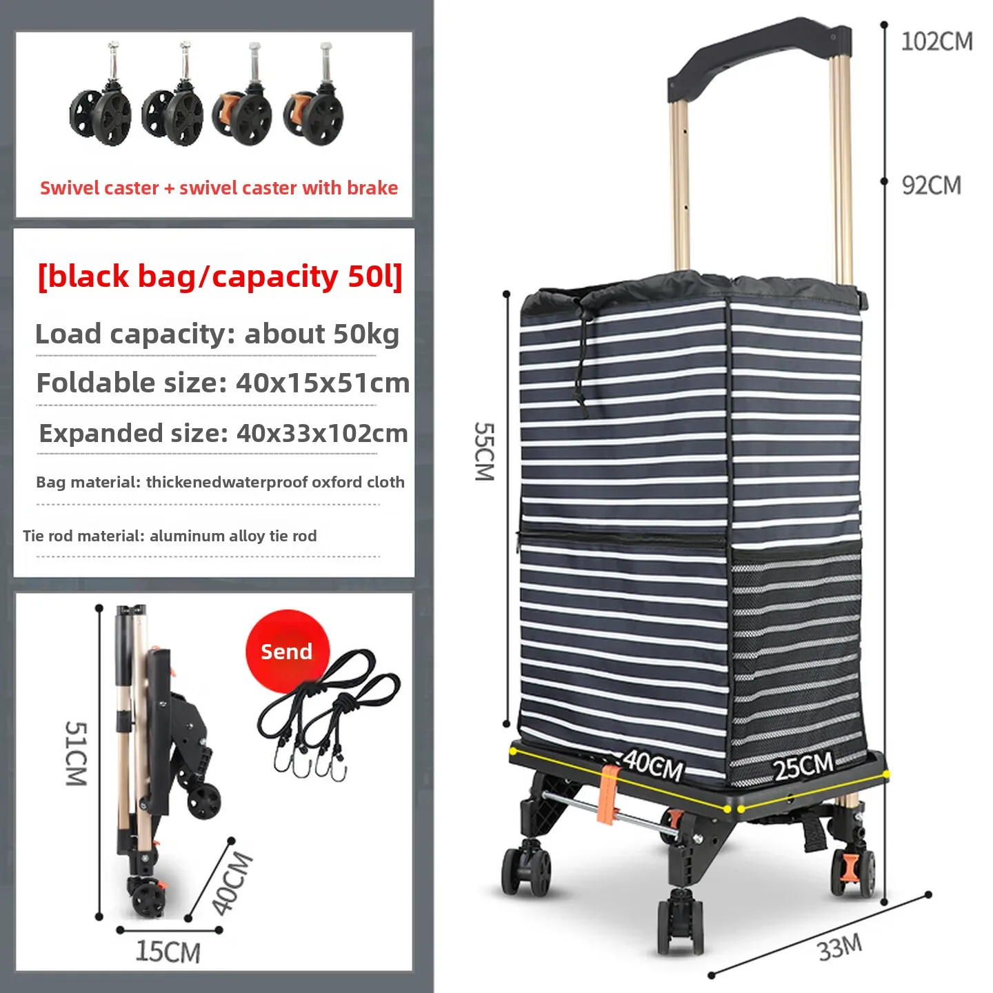 50L Foldable Shopping Trolley, Stair Climbing Pull Cart with Brake Swivel Wheels Waterproof Washable Bag for Senior Grocery Use