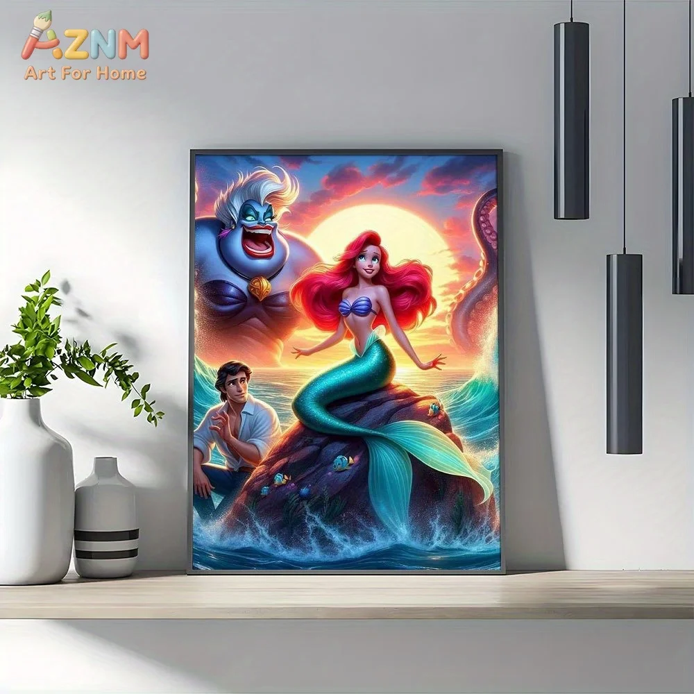 AZNM La Sirenita Ursula Ariel Eric Escena del Atardecer en el Océano Lienzo Decorativo sin Marco Panel Único Princesa Villana de Disney