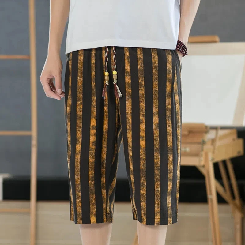 Trend Fashion Versatile Summer New Men\'s Elastic Waist Drawstring Striped Printing Chinese Style Loose Knee Lengt Board Shorts