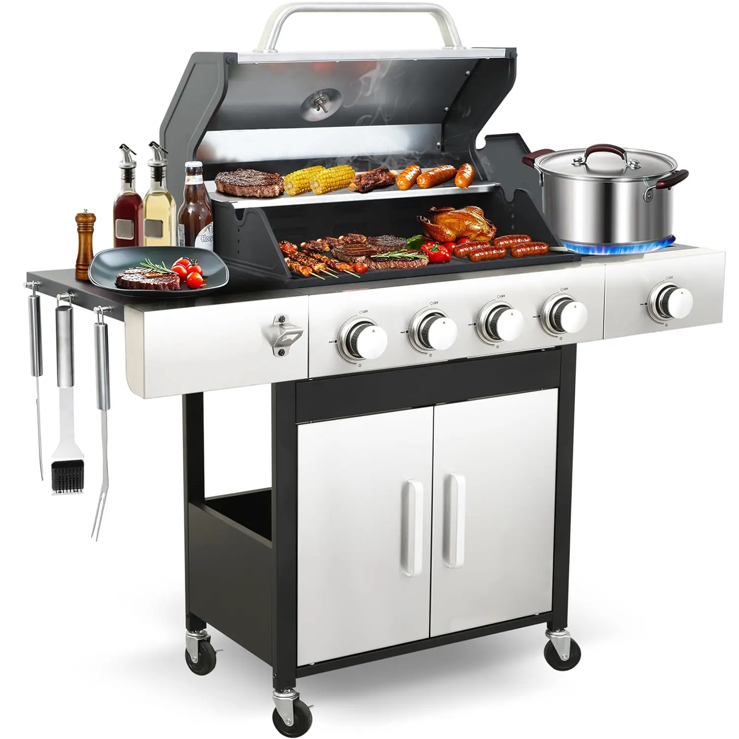 

49000 BTU Output Propane Gas Grill with Side Burner and 4 Main Burners - Double-layer Stainless Steel Lid, Cast, Customized