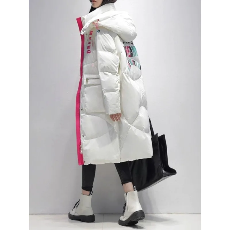 Outerwear Fashionable and Warm Coat Shiny No-wash Down Jacket Mid-length Thick Loose Knee-length White Duck Down Bread Jacket