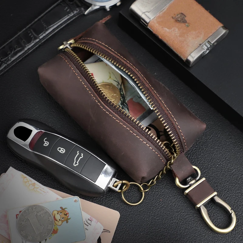 

Upgraded Genuine Leather Car Key Bag Zipper Universal Car Key Cover Purse Crazy Horse Leather Housekeeper Key Coin Pocket