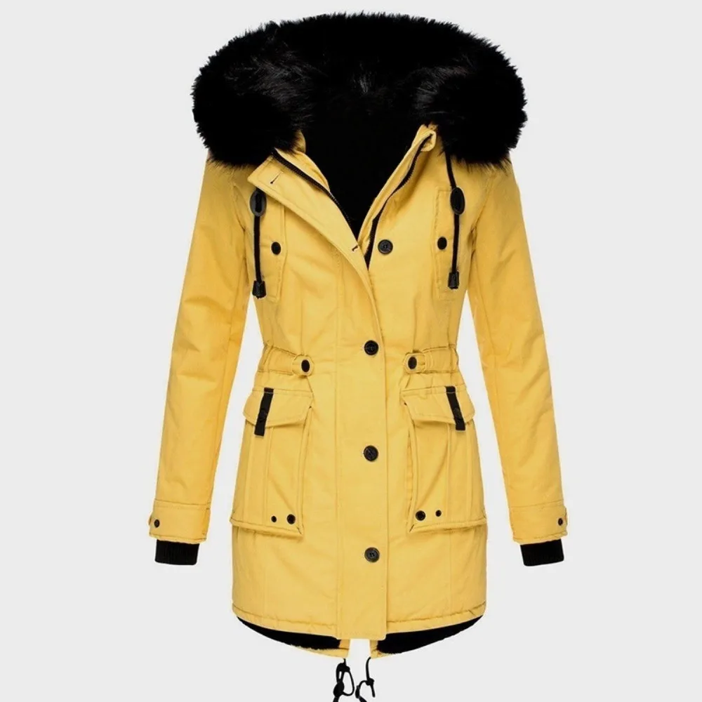 Women Long Hooded Down Jacket Plush-lined Winter Coat with Furry Hood Pockets Drawstring Parka for Plus Size Women for Weather