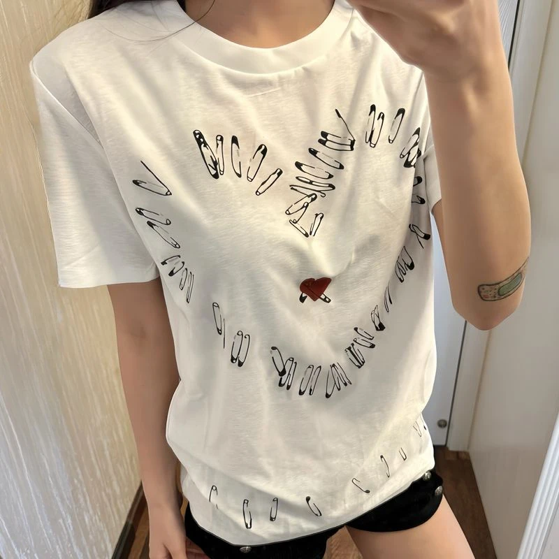 Ins Chic T-shirts Women Summer Vintage Printed Short Sleeve White American Fashion Leisure All-match Personality Students Tees