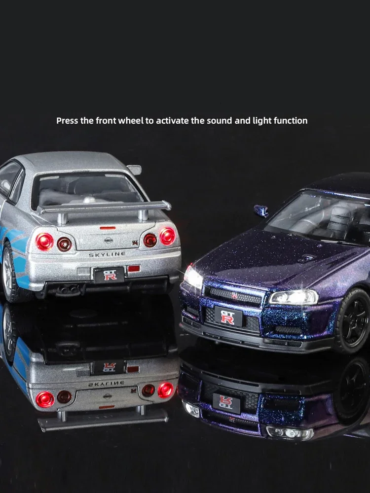 Diecast 1/32 Nissan Skyline GTR34 Sport Car Model Simualtion JDM Fast & Furious Casting Toy Vehicle Boy Gift Collection Voiture